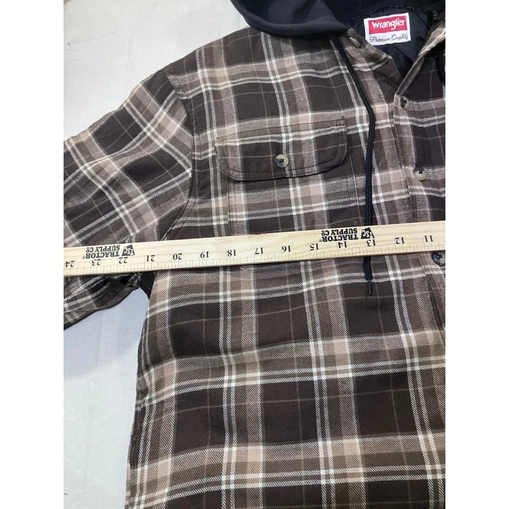 Wrangler Men's Plaid Flannel‎ Lined Hooded Shirt Jacket Brown Tan Size M